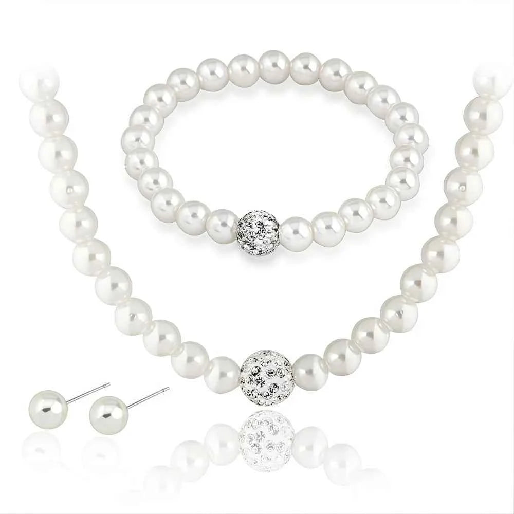 3 PCS Imitation Pearl Fireball Necklace Bracelet Earring Stud Jewelry Set Silver Color Crystal Stone Elegant Bridal Jewelry Gift