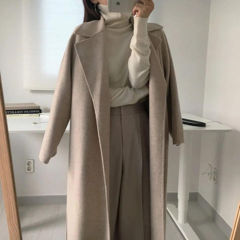 Chic Thick Warm Lapel Lace-up Pockets Loose Woolen Coat 2025 Autumn Winter New Korean Female Long Oversize Casual Women Clothes