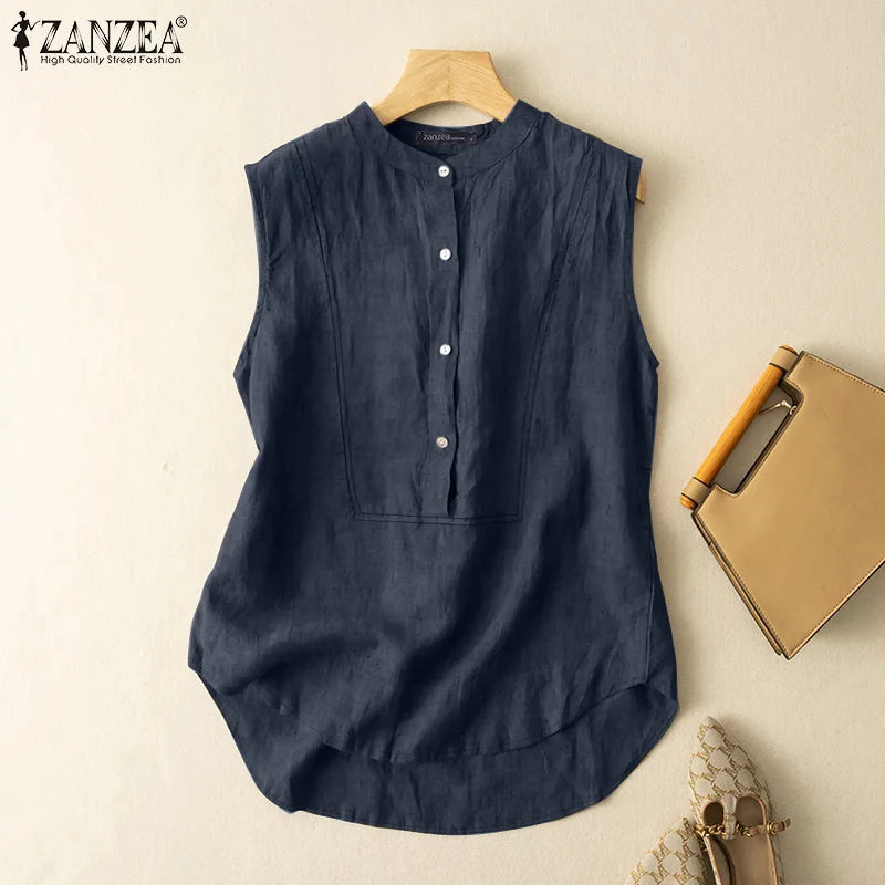 Women Summer Sleeveleess Solid Blouse Elegant Shirt ZANZEA Fashion Tanks Tops Female OL Work Blusas Tunic Casual Camis Vest 2024