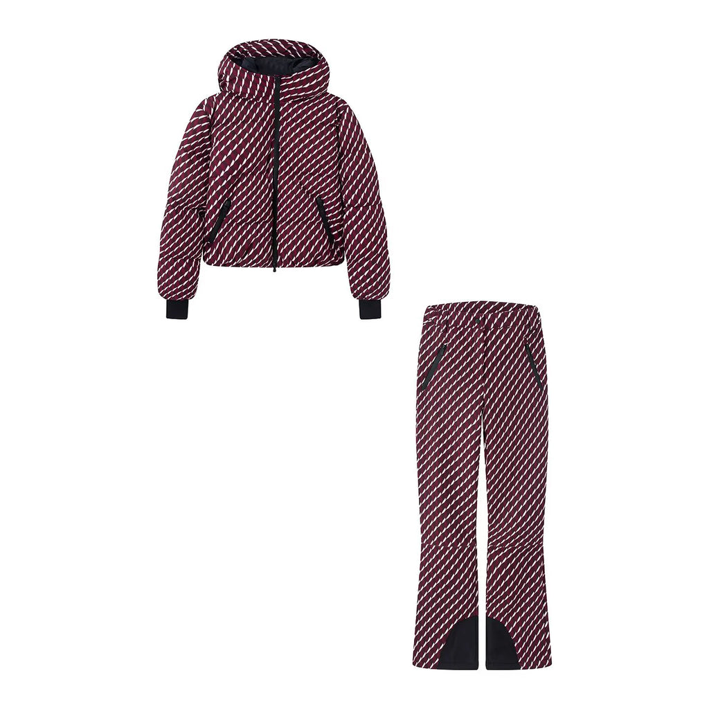 Winter women's zipper style long sleeved stand up collar hooded down jacket high waisted technology horn pants set