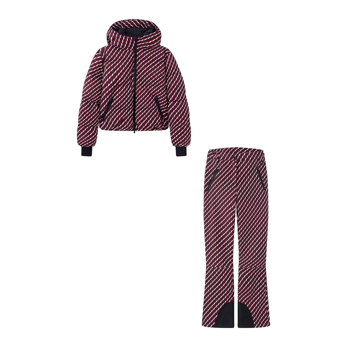 Winter women's zipper style long sleeved stand up collar hooded down jacket high waisted technology horn pants set