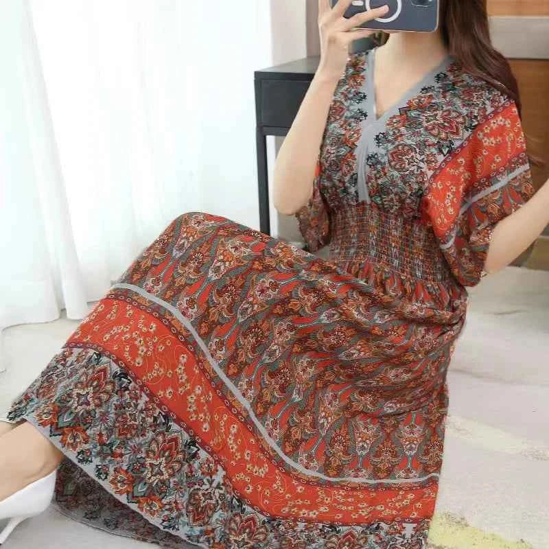 Colorful Flower V-neck Elastic Youthful Bohemian Sweet Midi Dress Woman Clothes Chic Fashion Summer Dresses 2025 Large Swing Ski