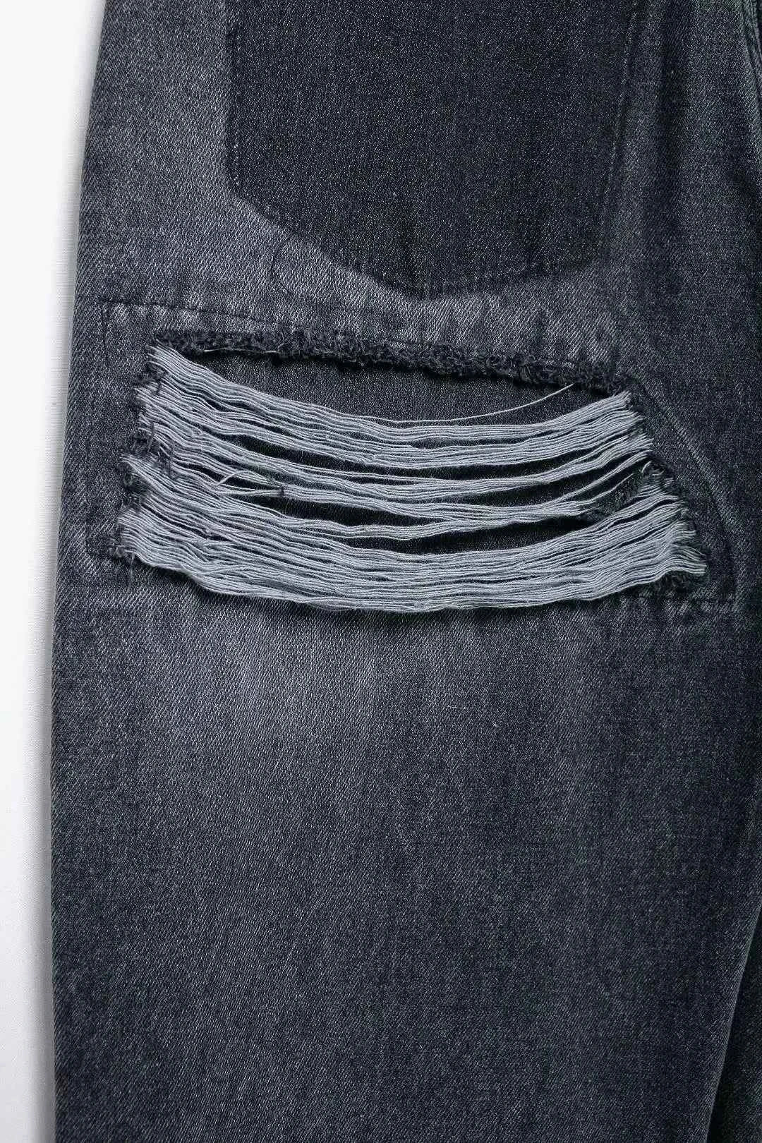 HH 2024 Women's Street Fashion Denim Blue Jeans Distressed Patchwork High Waist Zipper Fly Ripped Retro Long Pants