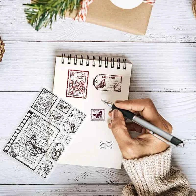 1pc Vintage Butterfly Text Clear Rubber Stamps for Journaling Card DIY Scrapbooking Photo Frame Album Decor 6.3 x 4.3inch