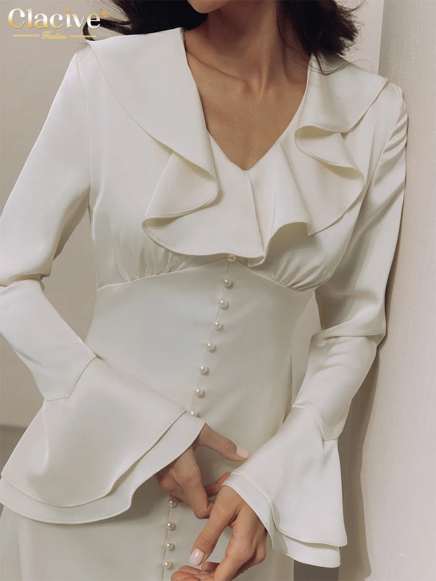 Clacive Bodycon Beige Satin Women Dress 2024 Casual Ruffle Collar Long Sleeve Midi Dresses Elegant Classic Solid Female Dress