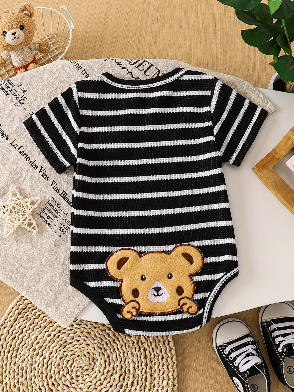 Single-Piece Polyester-Spandex Knit Striped Baby Boy Romper with Fun Cartoon Bear Patch Pattern, Black and White Stripes, for Spring and Summer Casual Style