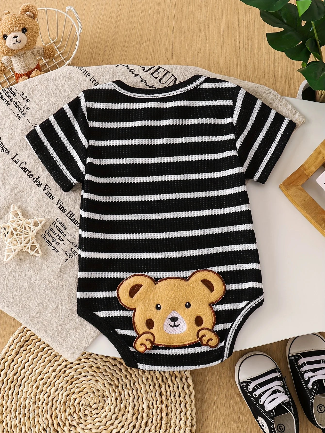 Single-Piece Polyester-Spandex Knit Striped Baby Boy Romper with Fun Cartoon Bear Patch Pattern, Black and White Stripes, for Spring and Summer Casual Style