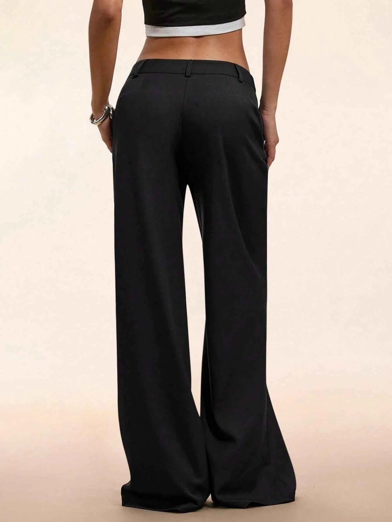 Women's Elegant Low Waist Personalized Slight Flared Leg Pants Casual Ribbed Wide Leg Mopping Trousers Streetwear 2025