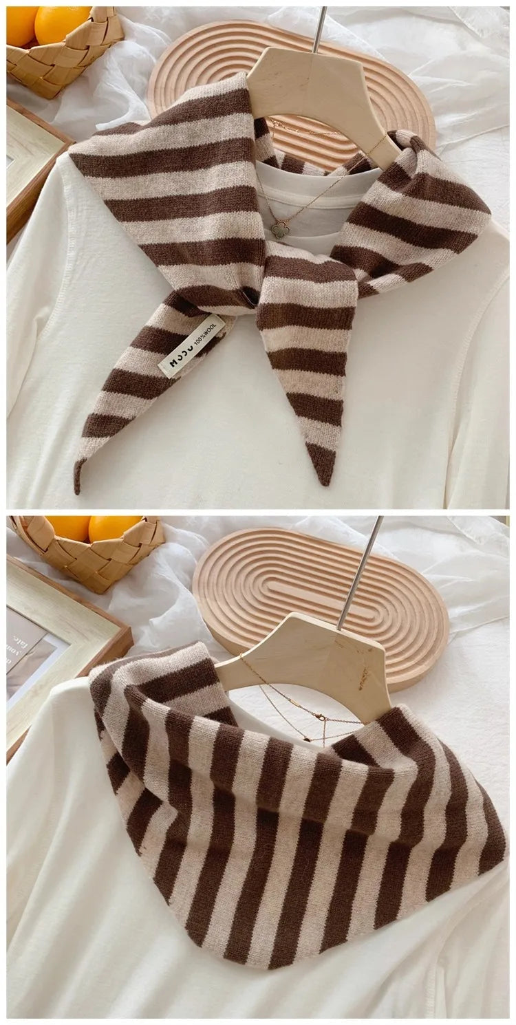 Korean Stripe Triangle Scarf 100% Wool Triangular Scarf Men Women British Niche Headscarf Knitted  Multi-functional Warm Scarf