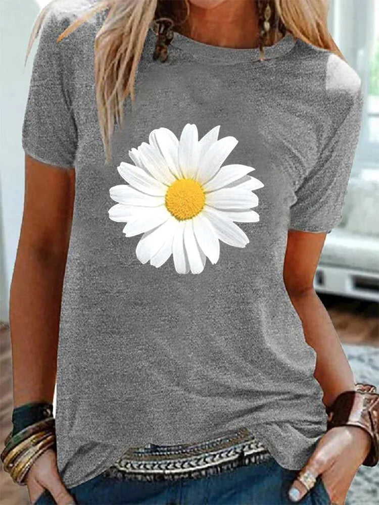 Cotton  100% Women's Round-neck Daisy Print Short-sleeved T-shirt for Women Harajuku  Aesthetic Clothes  Graphic T Shirts  Tops