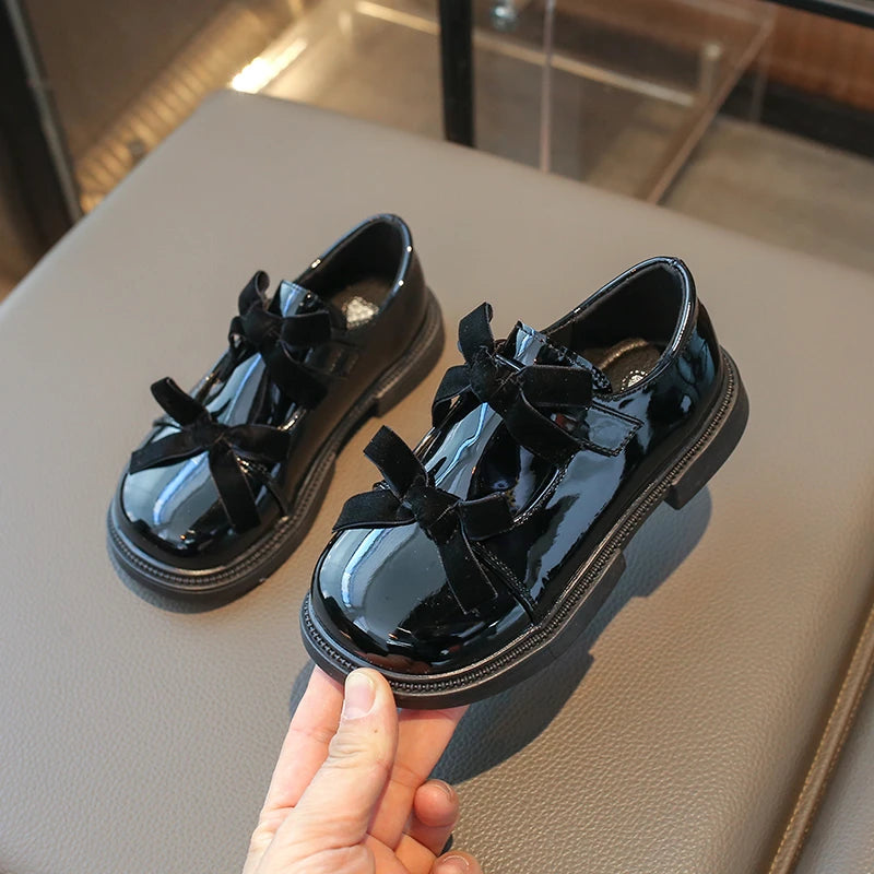 Chic Girls Black Mary Jane Shoes with Double Bowknot Spring Autumn Kids Princess Leather Shoe Fashion Causal Children Flat Shoes