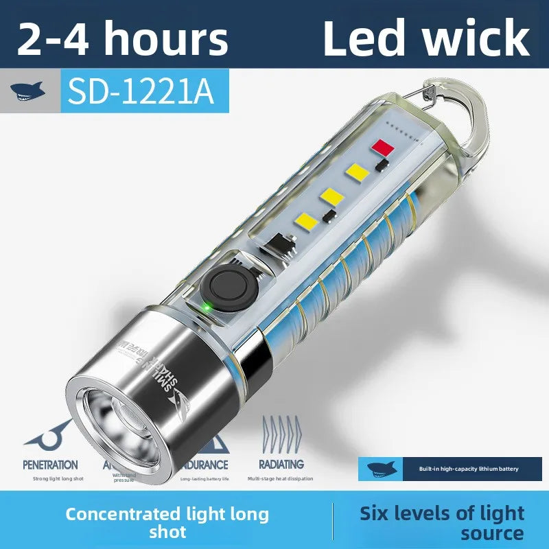 Smile Shark New LED Mini Strong Light Rechargeable Flashlight Super Bright Multifunctional Keychain Outdoor Warning Household