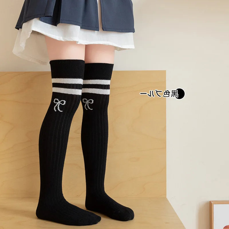 40CM Children's Long Socks Spring and Summer Girls' Bow Princess Skirt Paired with Knee High Sock Striped High Tube Cotton Socks