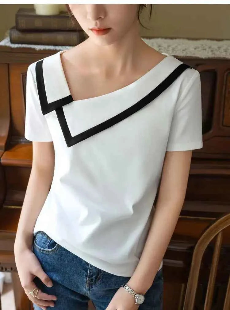 French Haute Couture Niche Design Black White Panelled Diagonal Neck Short Sleeved T-shirt Women's Patchwork Fashion Slim Top