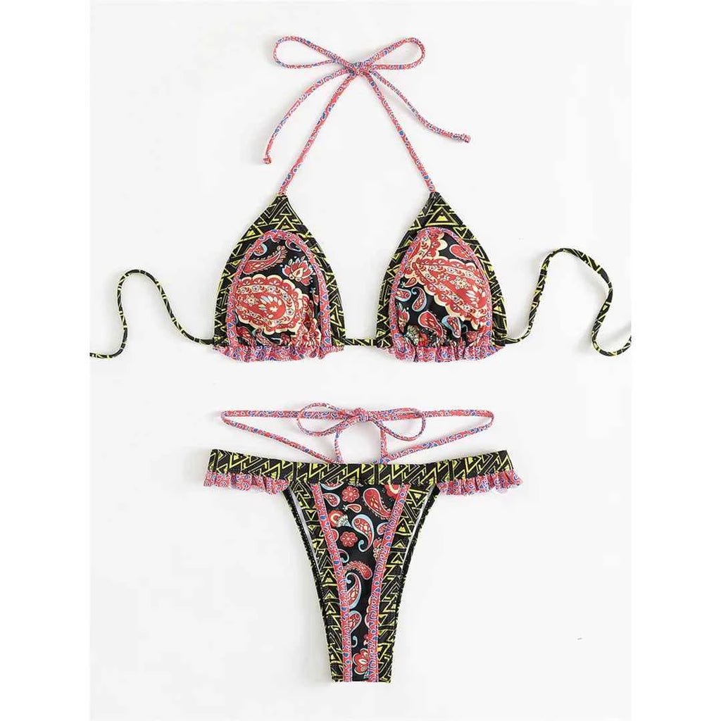 5 Colors Sexy Printed Halter Frilled Bikini Women Swimwear Female Swimsuit Two-pieces Bikini set Bather Bathing Suit Swim V4651