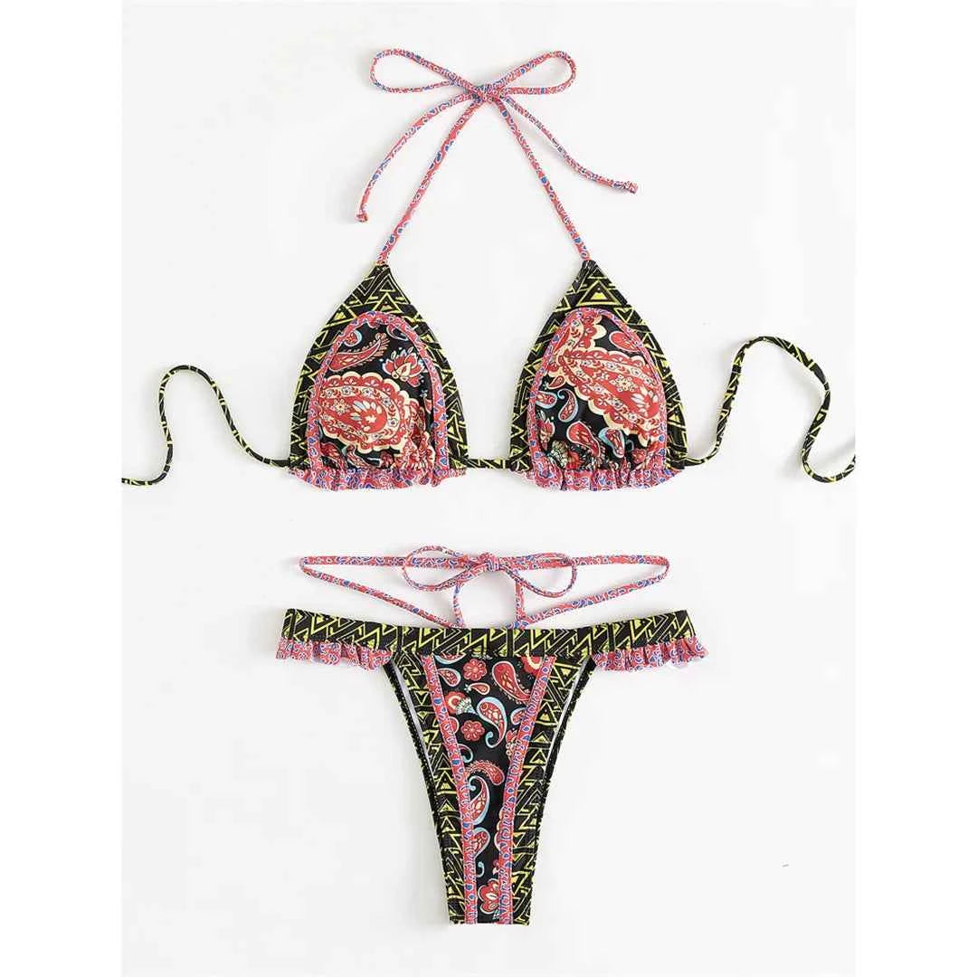5 Colors Sexy Printed Halter Frilled Bikini Women Swimwear Female Swimsuit Two-pieces Bikini set Bather Bathing Suit Swim V4651