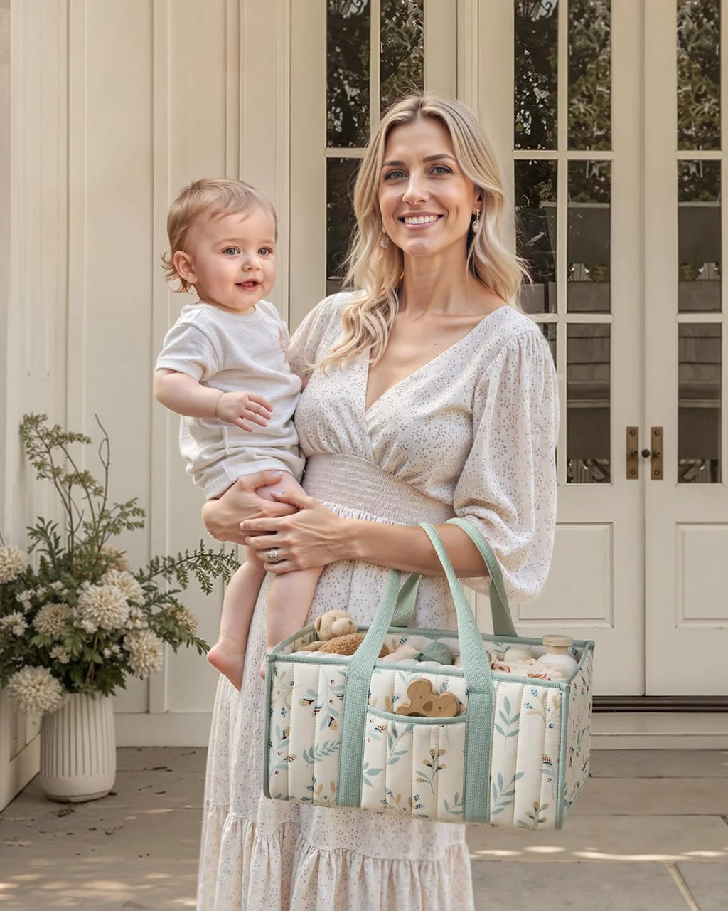 Diaper Caddy Organizer, Stylish Nursery Storage Basket, Gift for Baby Shower, Newborn Essentials, Floral Beige