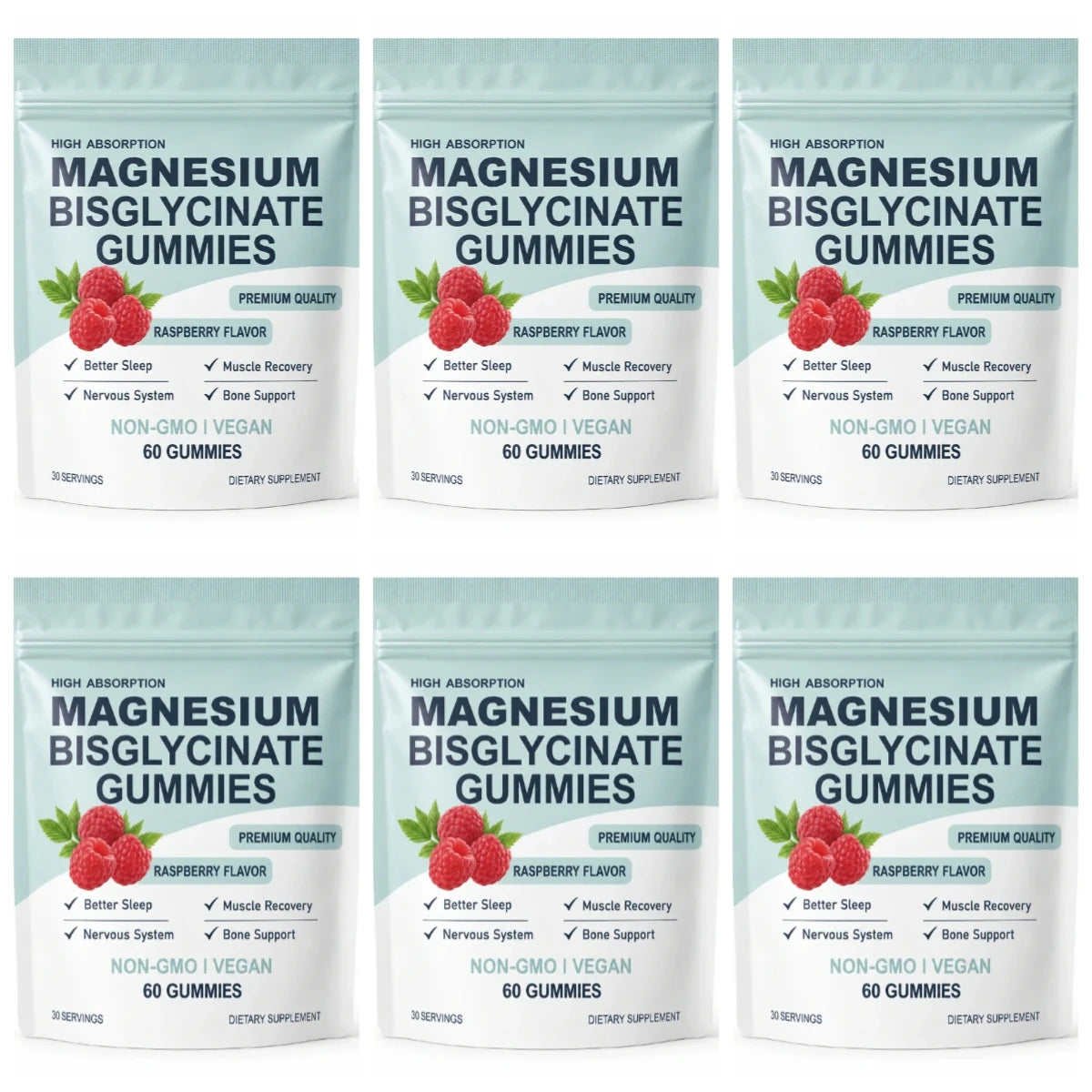 6 bags Package Magnesium Bisglycinate Gummies Raspberry Flavor 60 Count