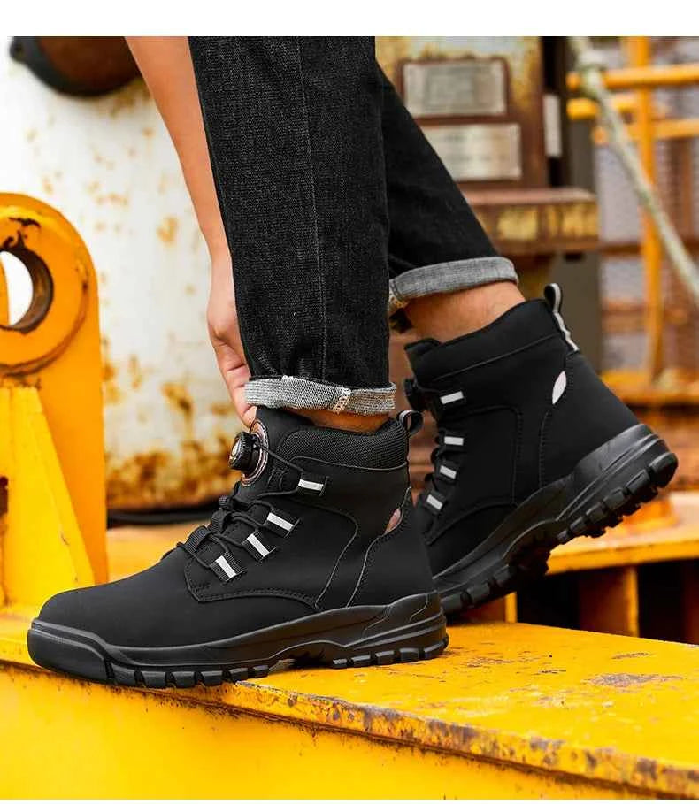 Leather Non Slip Work Boots for Men Rotating Button Safety Shoes Steel Toe Sneaker Male Puncture Proof Protective Boots