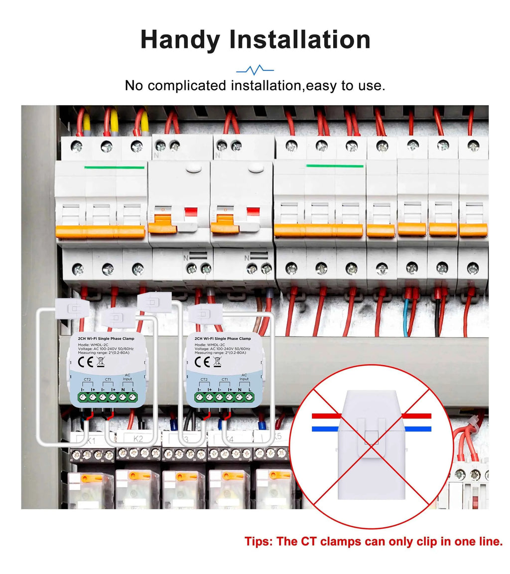 Tuya Smart Energy Meter WIFI Bidirection 2 Channel with Current Transformer Clamp App Monitor Power 80A 110V/240V
