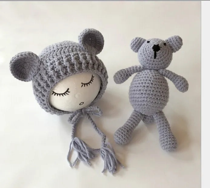 Newborn Photography Props Baby Bear Caps Rabbit Dolls Girls Boy Infant Baby Crochet Knitted Hat Photoshoot Accessories
