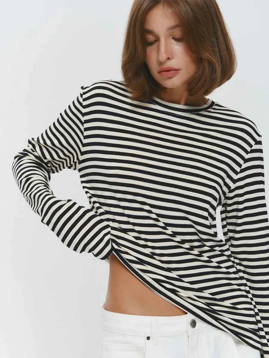 Bornladies Autumn New Fashion Women Cotton Striped Long Sleeve T Shirt Office Casual Simple Round Neck Pullover Tops & Tees