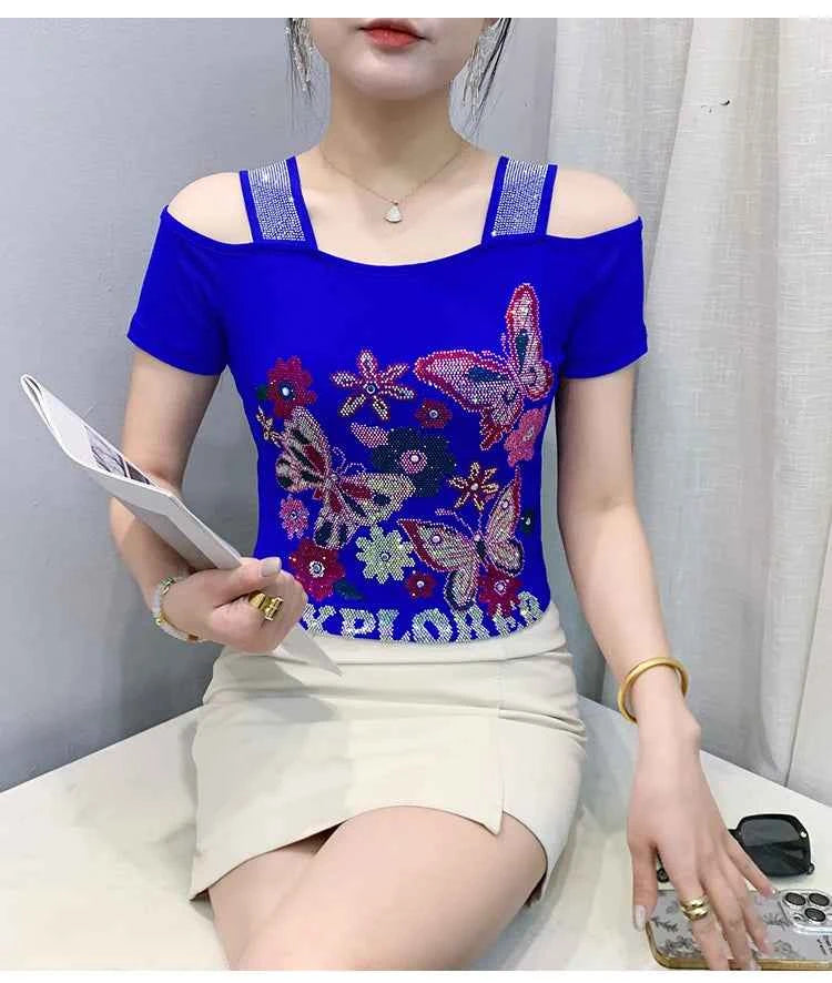 New Arrival Summer European Clothes Women's T-Shirts Chic Luxury Butterfly Hot Diamonds Tees Sexy Girl Slim Streetwear Tops