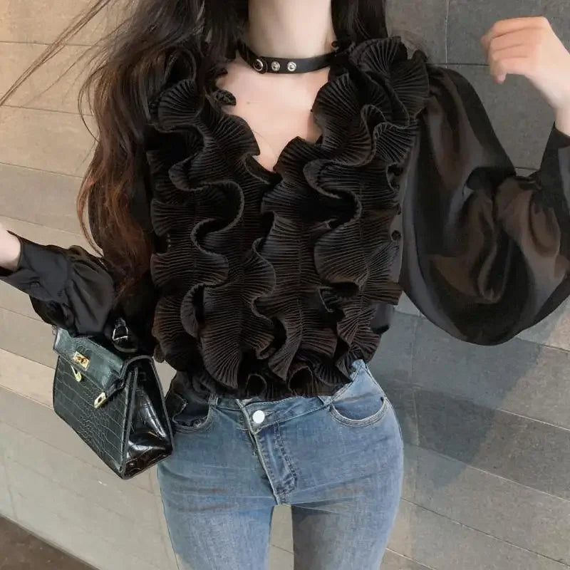 Temperament Lady Tops Blouses for Women V-neck Long Sleeve White Shirts 2025 Blusas Mujer De Moda Ruffles Loose Summer Blouse