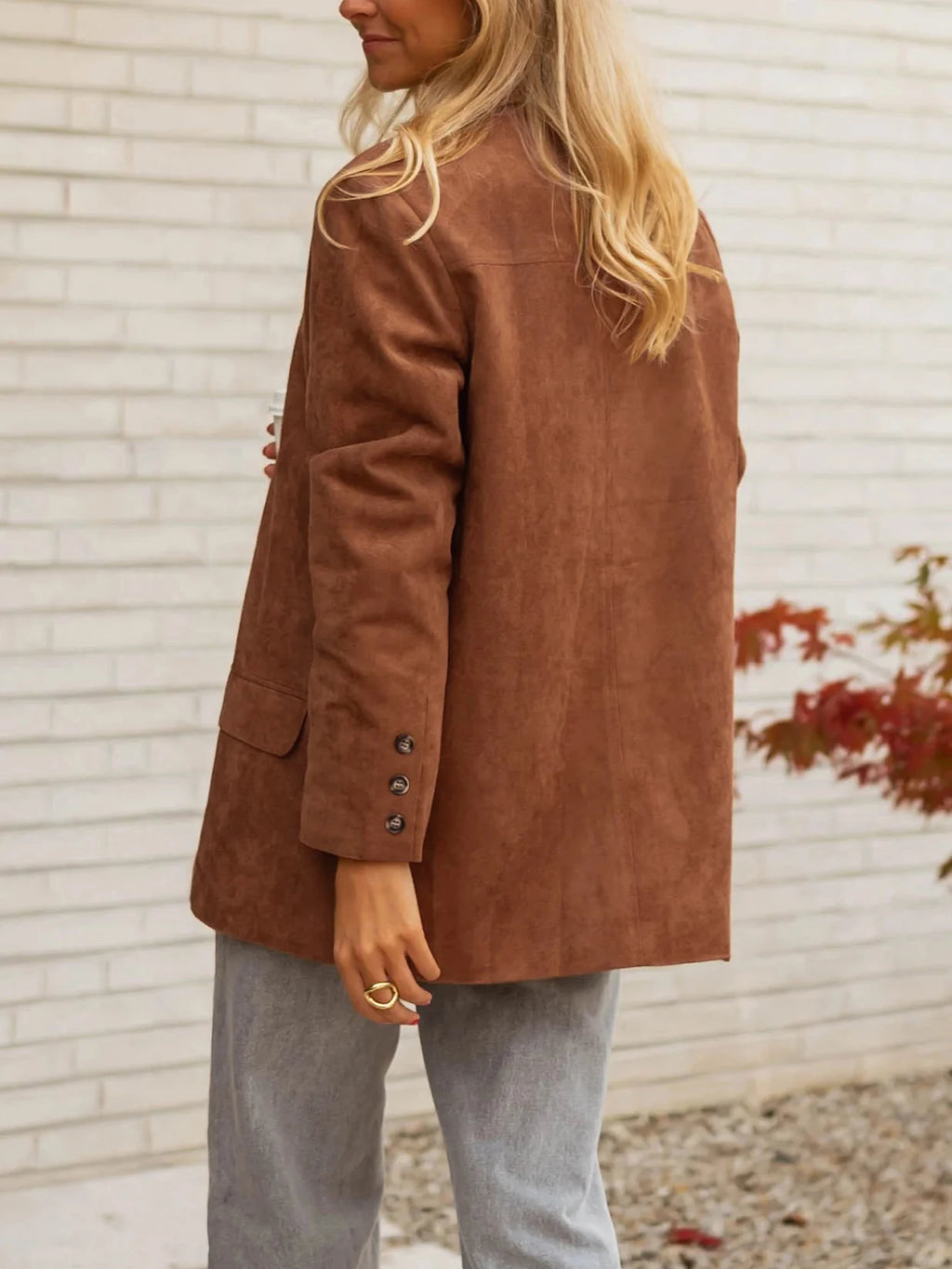 Women's Suede Loose Coat, Elegant Fall & Winter Buttoned Blazer Jacket, Plain Pattern, Moderate Fabric Thickness, Loose Fit