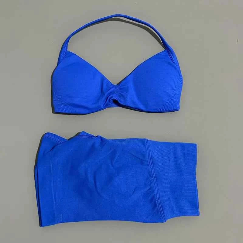 HISTELLO Gym Set 2 Piece Women Strappy Yoga Bra Top Workout Scrunch Shorts Sports Suit Fitness Clothes Seamless Yoga Set