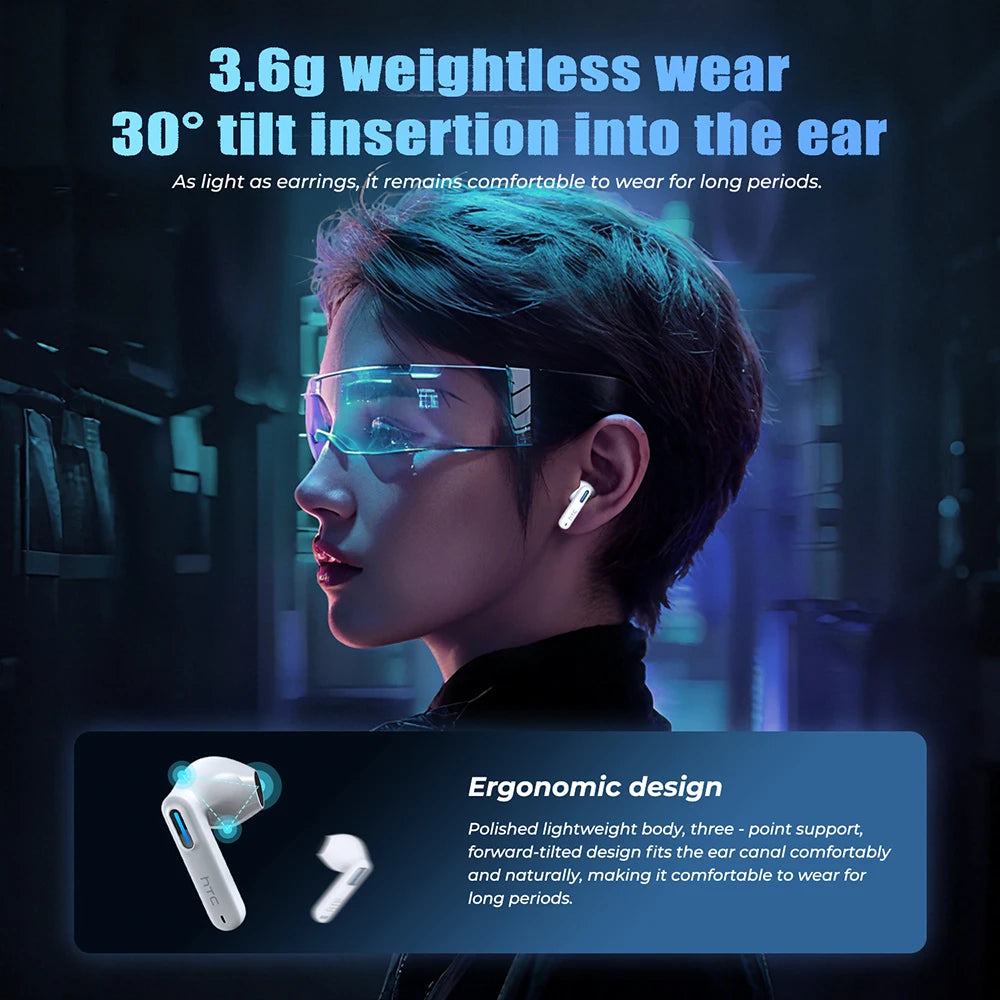 2026 Language Translator Earbuds HTC NE49 TWS Low Latency Gaming Earphones Bluetooth HiFi Stereo Sound HD Call With Mic