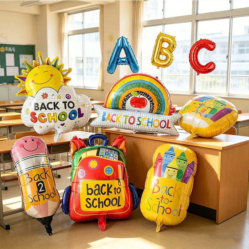 8Pcs Back To School Foil Balloons Large School Bag Pencil Crayon ABC Balloons for Kids Classroom First Day of School Decoration