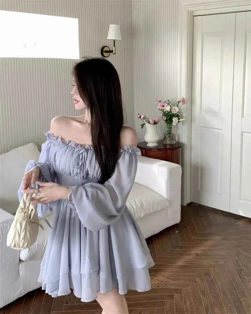 Dresses Women Solid Retro Long Sleeve Slash Neck Autumn Gentle Korean Style Streetwear All-match Lovely Comfortable Stylish Chic