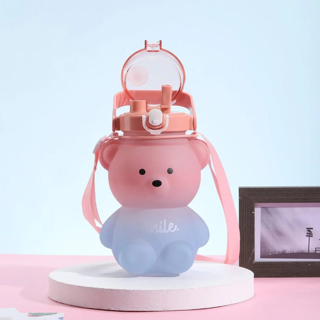 Bear Water Bottle 800ml Cute Kawaii Teddy Bear Water Bottle with Straw & Strap Leak-Proof Drinking Cup Gift for Kids & Girls
