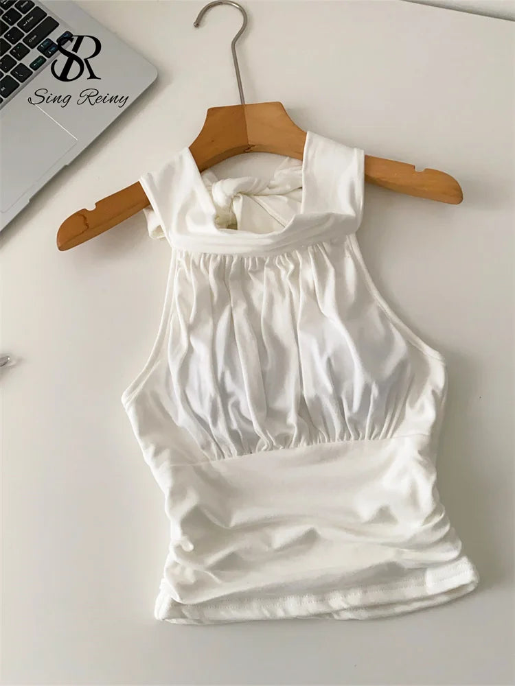 SINGREINY Office Lady Elastic Slim Tank Top Fashion Women Halter Sleeveless Lace Up Solid Short Camis Ruched Backless Sexy Top
