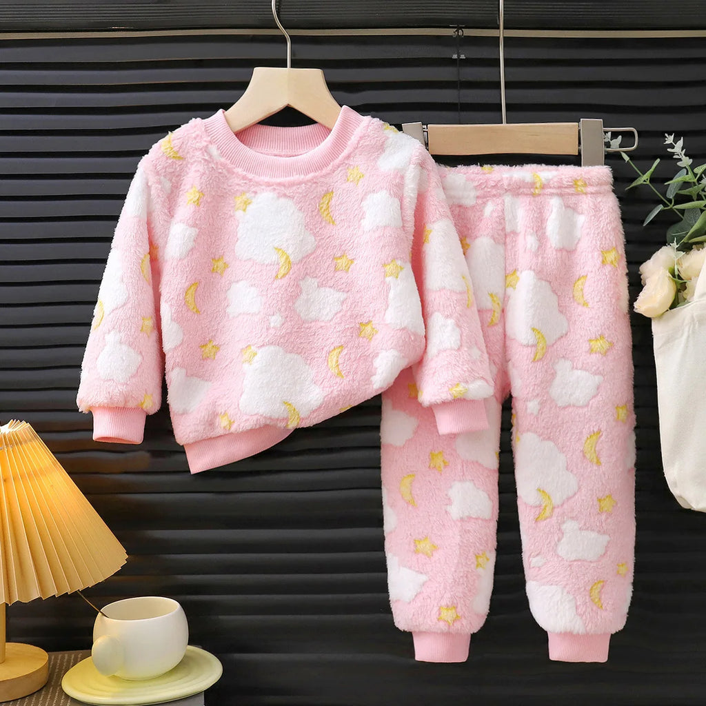 Autumn Winter Sleepwear Flannel Pajamas For Girls Boys Long Sleeve Tops+Pants Suits Fashion Home Clothing Baby Kid Sleep Costume