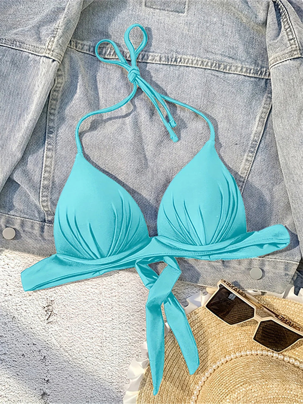 XS - XL New Sexy Push Up Bra Cup Halter Bikini Top Female Swimsuit Women Swimwear Bather Bathing Suit Swim Solid Beach Top V7019