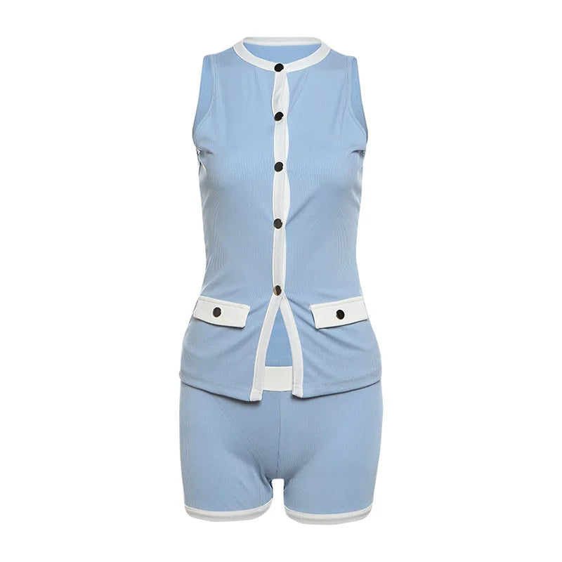 Sisterlinda Spring Release Junior Fashion Mini Sexy High Street Short Suit K25S63285 Girl Knit Solid Slim Sleeveless Vest Suit