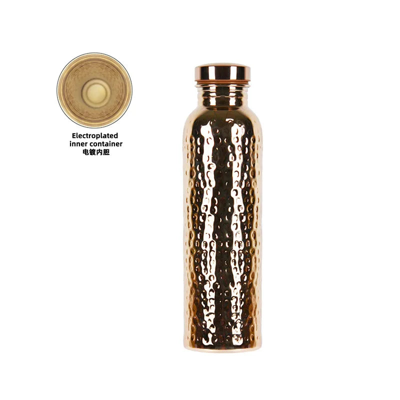 800ML Electroplated Copper Water Bottle One-Click Open Lid Anti-Slip Silicone Base Hammer Pattern Bottle Sports Bottle
