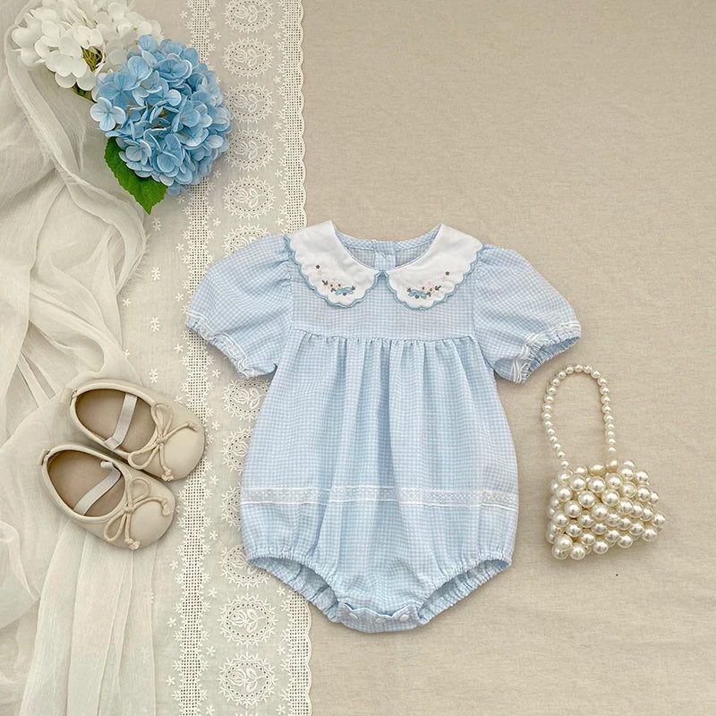 2026 Summer Baby Girl Embroidered Collar Bodysuits 0-24M Baby Girl Romper Newborn Short Sleeved Baby Girl Yellow Jumpsuit