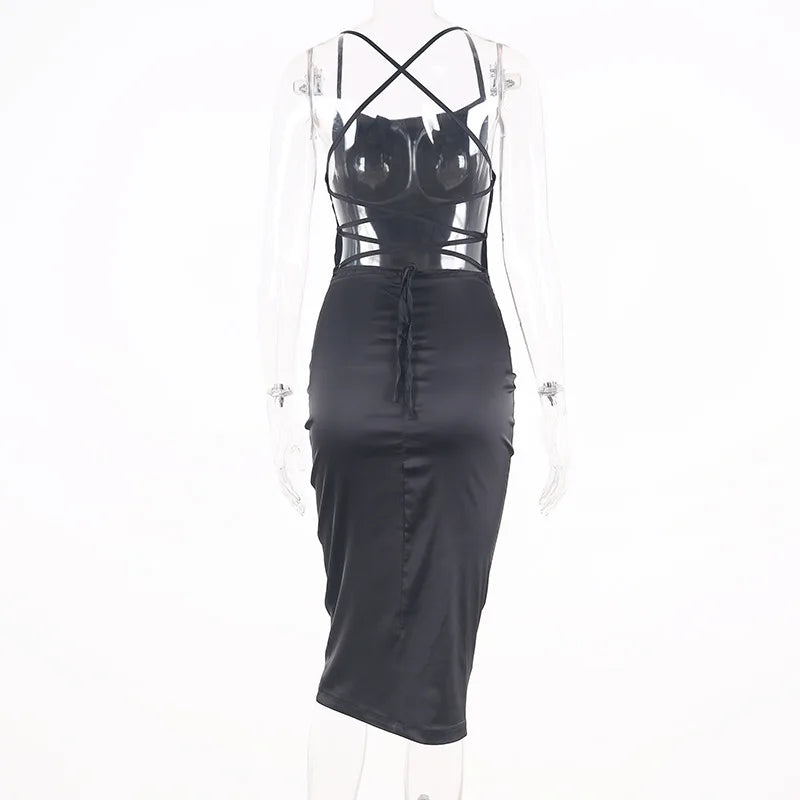 Sexy Slash Neck Back Cross Bandage Bodycon Dress Women Spaghetti Strap Solid Color Mid-calf Dress Elegant Club Party Vestidos