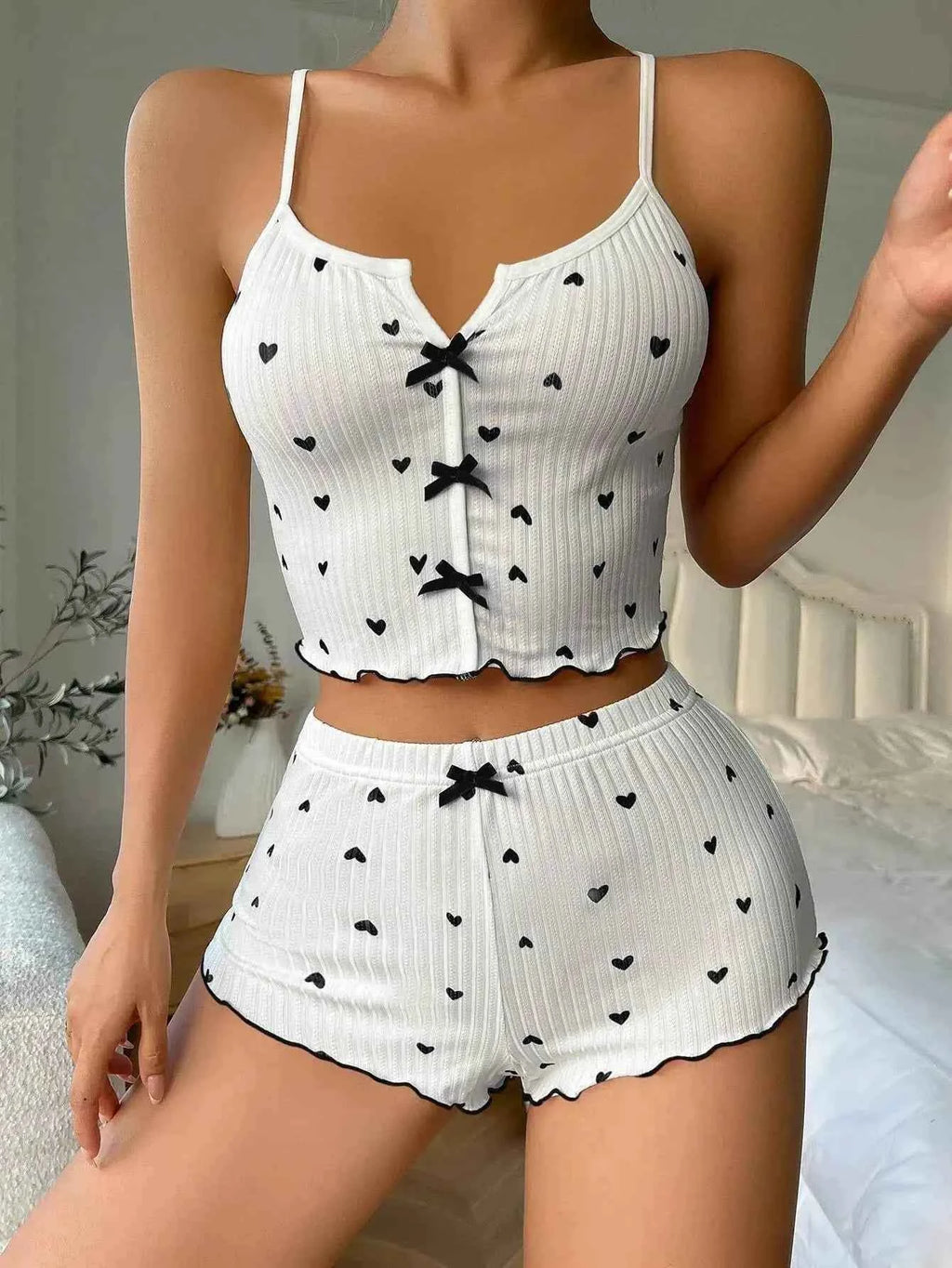 Women's Cute Pajama Set Heart Print Lettuce Trim Bow Front Cami Top and Shorts Pj Set Soft Sleepwear