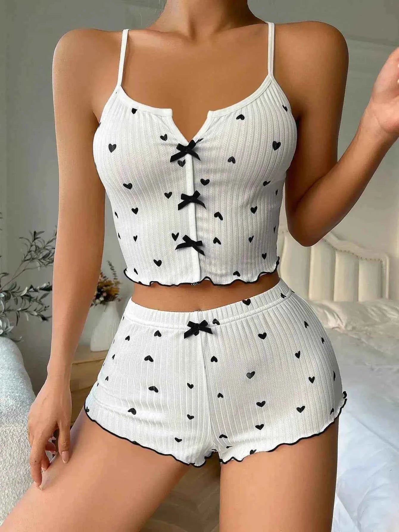 Women's Cute Pajama Set Heart Print Lettuce Trim Bow Front Cami Top and Shorts Pj Set Soft Sleepwear