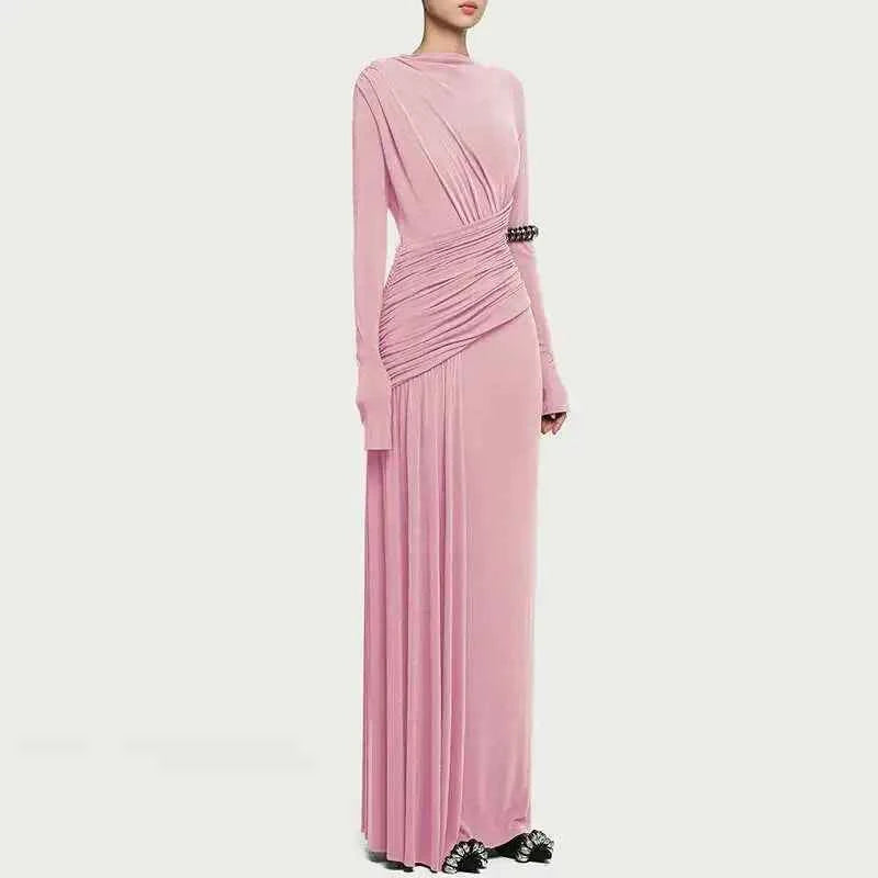 QMQA Fashion Women's Asymmetric Pleated Elegant Dress Solid Color Long Sleeve High Waist Slimming Party Dresses 2025 New QM519