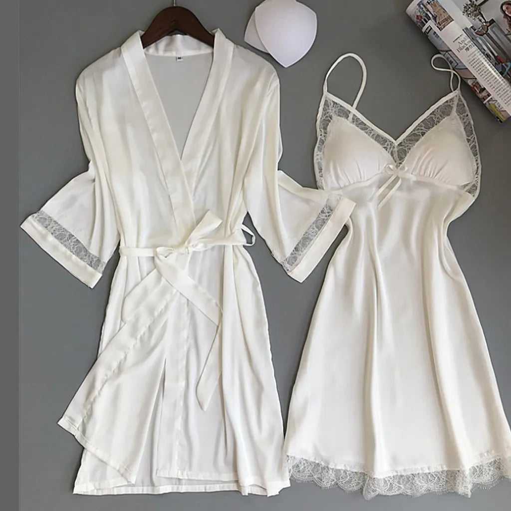 2pcs Women Pajamas Suit Silky Satin Nightgown Nightdress Set Lace Patchwork Lace-Up Women Bathrobe Sleepwear Set