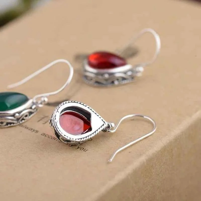 Huitan Green/Red Pear Stone Drop Earrings for Women Ethnic Style Aesthetic Carved Pattern Temperament Lady's Earrings Jewelry