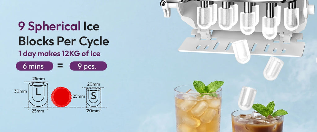 LOEFME 12kg/24h Electric Ice Maker Machine Bullet Ice 6 Mins 9pcs Ice Cubes Self-Cleaning Ice Maker for Home Cafes Camping Party