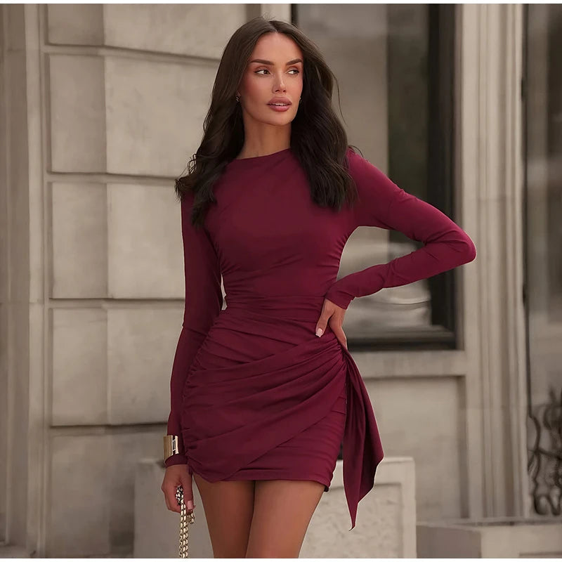 Casual Solid Pleated Bodycon Mini Dress Women Sexy Long Sleeve Waist-cinching Irregular Dresses 2026 Lady Chic Party Club Robe
