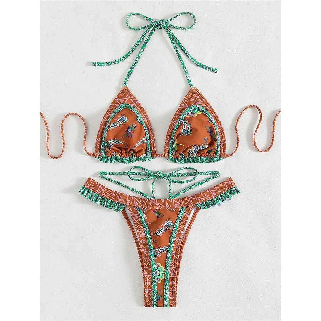 5 Colors Sexy Printed Halter Frilled Bikini Women Swimwear Female Swimsuit Two-pieces Bikini set Bather Bathing Suit Swim V4651