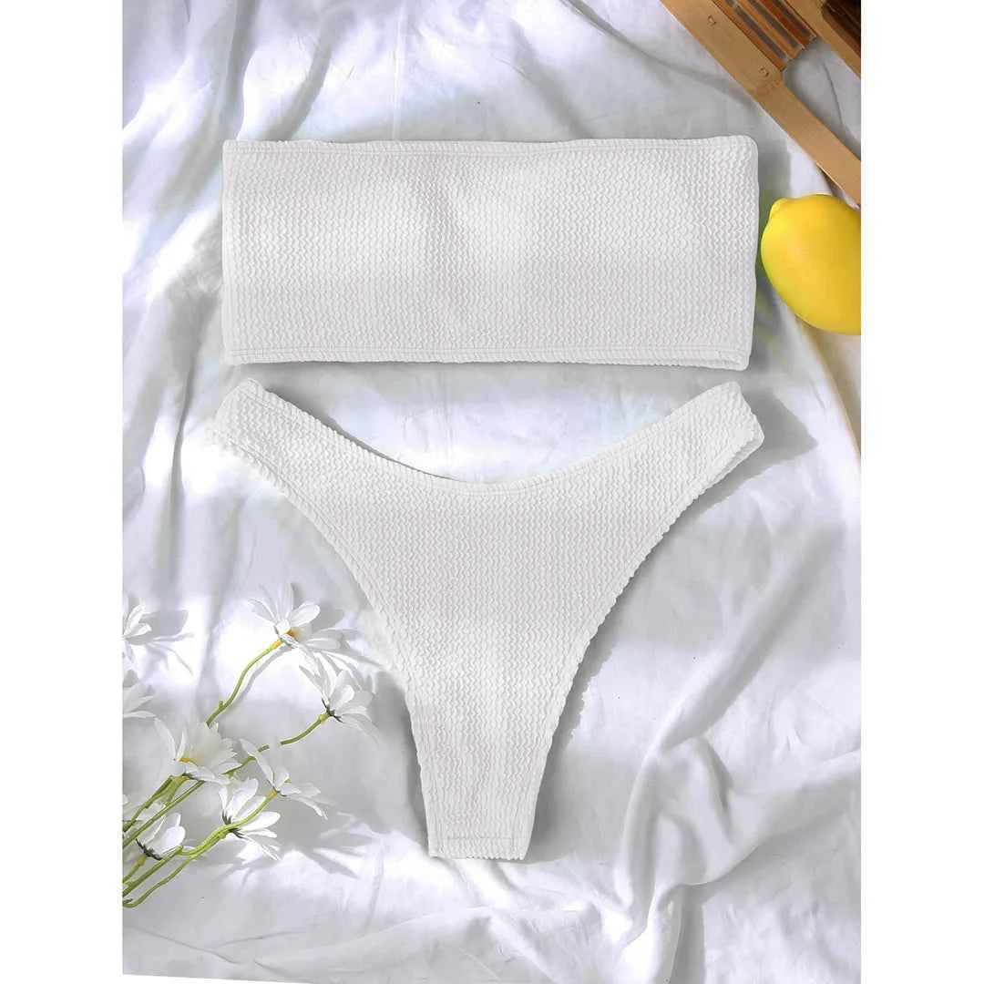Bandeau Wrinkled Crinkled Bikini Female Swimsuit Women Swimwear Two-pieces Bikini set High Cut Bather Bathing Suit Swim V3314